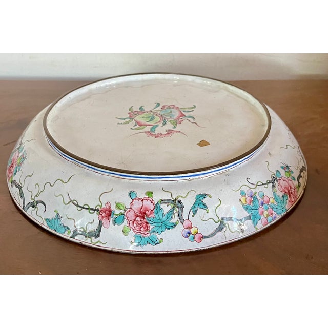 Antique 18th C. Chinese Qianlong Period (1736 - 1795) Canton Dish Painted Enamel on Copper With Flowers, Cricket and Bat For Sale In New York - Image 6 of 13