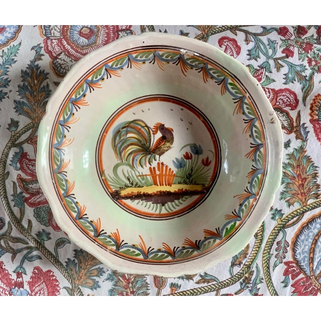 One-of-A-Kind Rare Antique French Hand Painted Pottery Milk Bowl With Rooster Motif. Rich hues used throughout- from the...