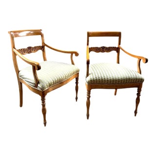 Antique Carved Wood Polka Dot Seat Armchairs - A Pair For Sale