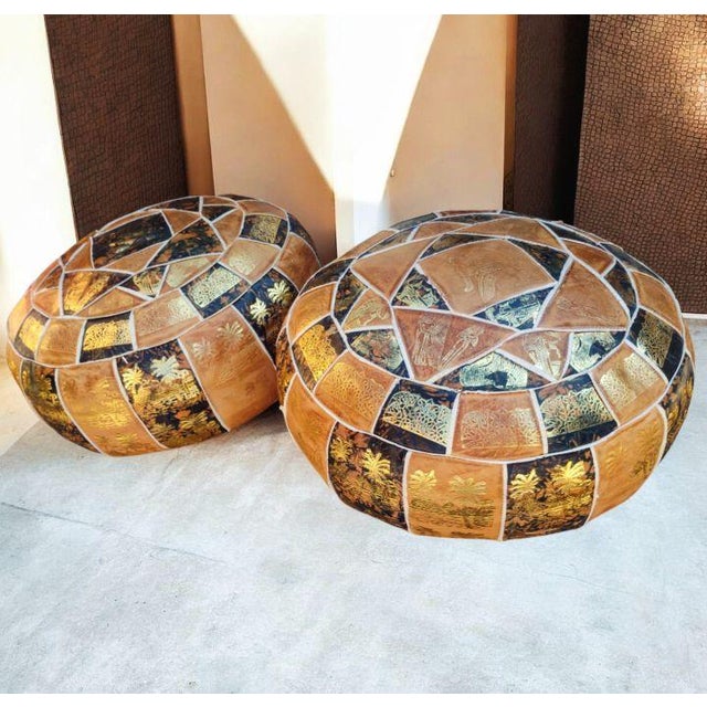 1980s Step Into Old-World Elegance: Rare Vintage Egyptian Leather Poufs For Sale - Image 5 of 5