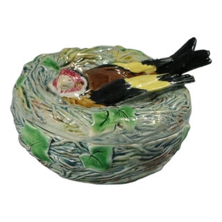 Minton Majolica Goldfinch on Nest Pot and Cover For Sale