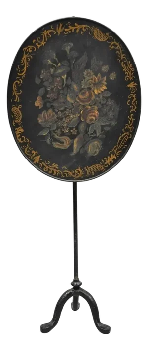 Antique French Victorian Tole Metal Hand Painted Floral Adjustable Firescreen