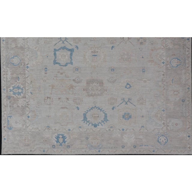 Modern Tribal Oushak With Light Taupe Colored Border and Off White Background For Sale - Image 10 of 13