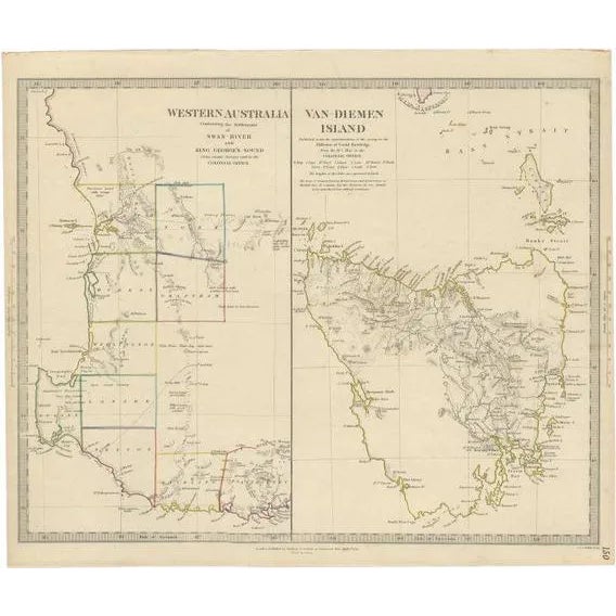 Antique Map of Western Australia and Van Diemens Land or Tasmania, 1833 For Sale