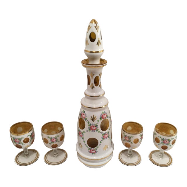 Bohemian Case Glass Cut to Amber Decanter and Glasses - 5 Piece Set For Sale