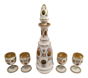 Bohemian Case Glass Cut to Amber Decanter and Glasses - 5 Piece Set