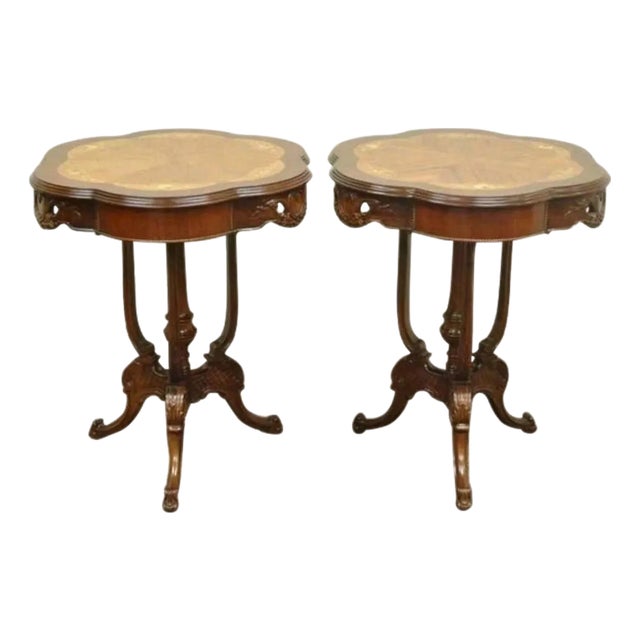 Antique French Louis XV Style Satinwood Floral Inlay Walnut Side Tables - A Pair For Sale