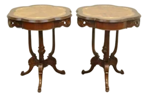 Antique French Louis XV Style Satinwood Floral Inlay Walnut Side Tables - A Pair