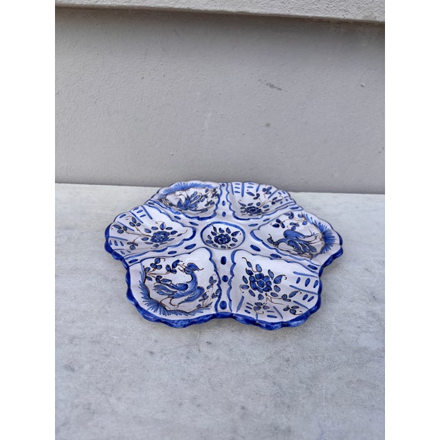 French blue & white Faience rustic oyster plate Moustiers style, circa 1940.