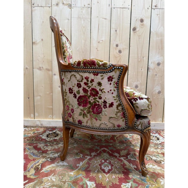 Louis XV Style Bergère Armchair in Cherrywood and Floral Velvet, 1980s For Sale - Image 4 of 7