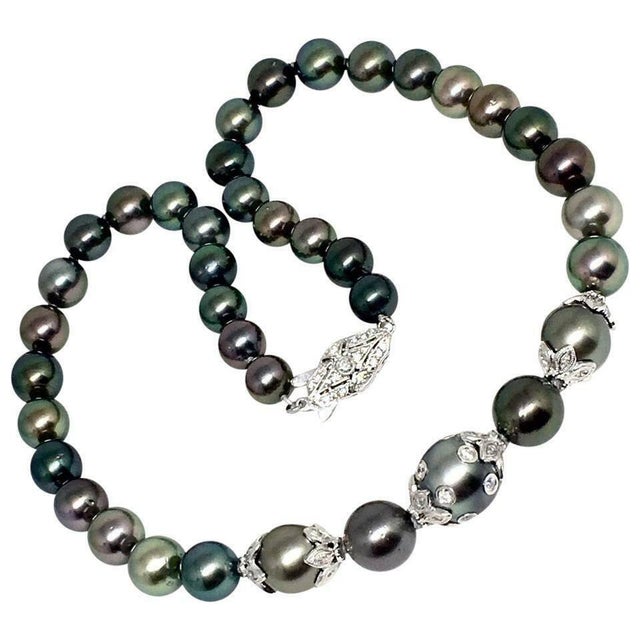 Metal Diamond Tahitian Pearl Necklace 18k Gold 13.25 mm 17" Certified For Sale - Image 7 of 11