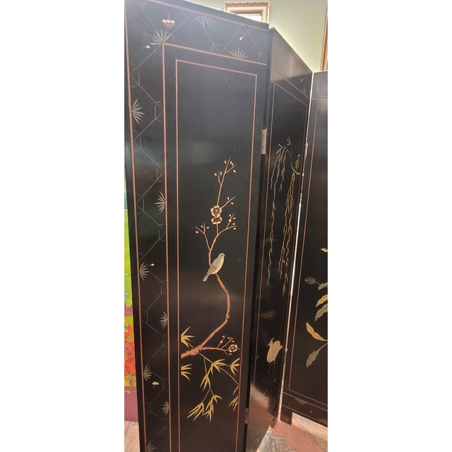 Black Vintage Chinese Sculpted Four Part Folding Screen For Sale - Image 8 of 18