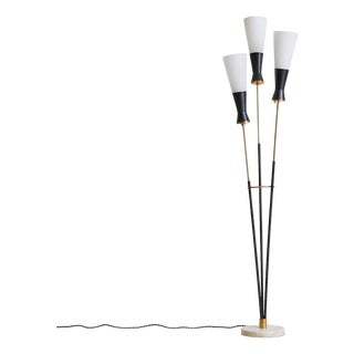 1950s Italian 3-Arm Black Metal Floor Lamp with Opaline Diffusers For Sale