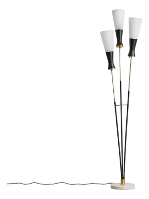 1950s Italian 3-Arm Black Metal Floor Lamp with Opaline Diffusers