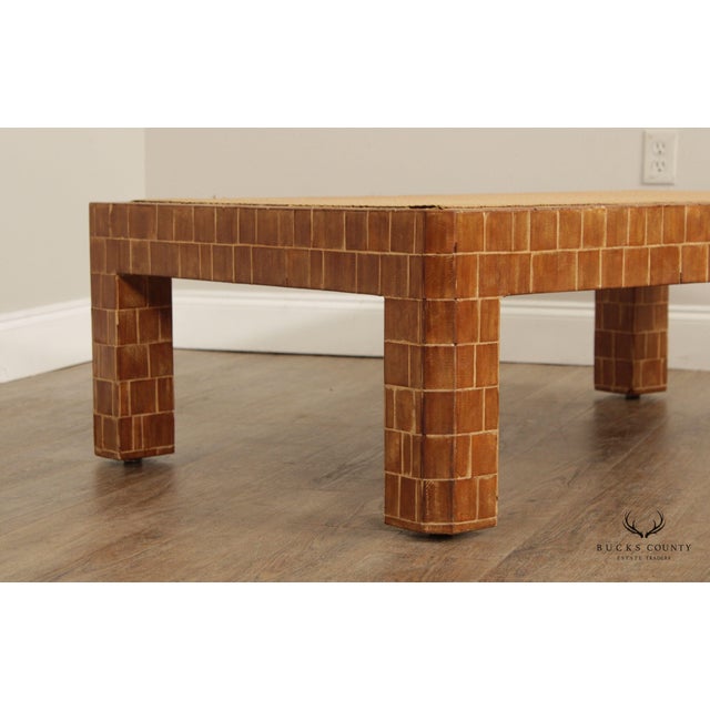 Mid Century Modern Wooden Block Carved Tile Parsons Coffee Table with Wicker Top For Sale - Image 12 of 13