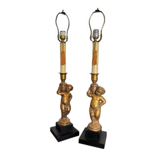 Mid to Late Twentieth Century Gold Cherub Putti Buffet Column Lamps, a Pair For Sale