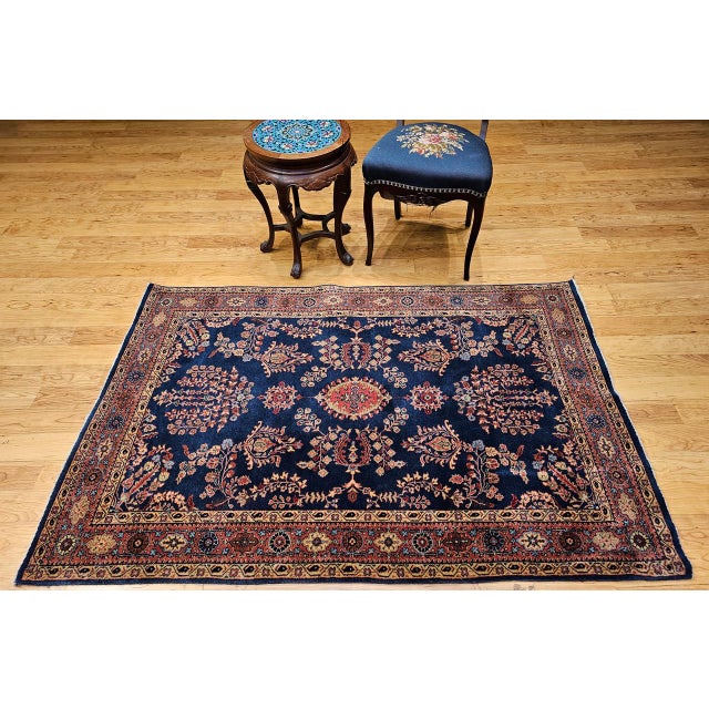 Antique Persian Mahajiran Sarouk Area Rug, Hand-Knotted Wool, Allover Floral Pattern, Navy & Red, 4x6 For Sale - Image 4 of 14