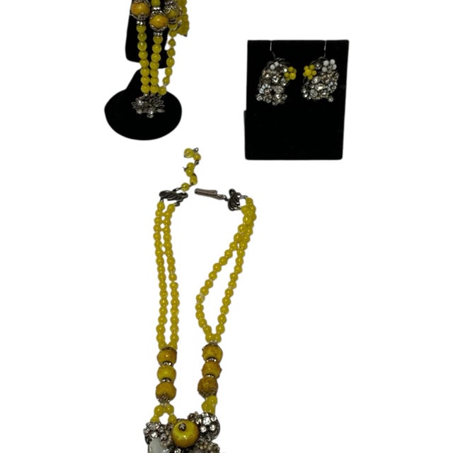 Vintage Original by Robert Yellow Glass Bead Rhinestone 3 piece Parure Necklace Bracelet Earrings Made in USA c....