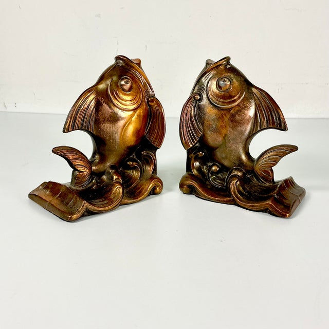 1970s Vintage Coastal Boho Chic Copper Over Cast Metal Koi Fish Bookends - A Pair For Sale - Image 6 of 13