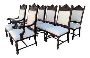 High Back Chairs with Carved Wooden Frames - Set of 10