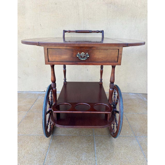 Wood Vintage Wood Tea & Bar Cart with Drop-Leaf Sides and Bottle Holder, 1940s For Sale - Image 7 of 10