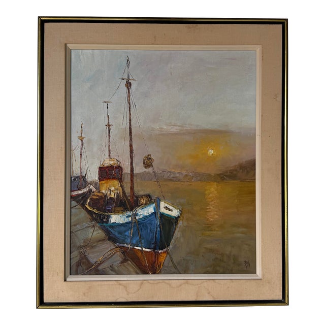 1970’s Vintage Yoli Sunset Harbor Scene Oil on Canvas Painting, Framed For Sale