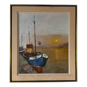 1970’s Vintage Yoli Sunset Harbor Scene Oil on Canvas Painting, Framed