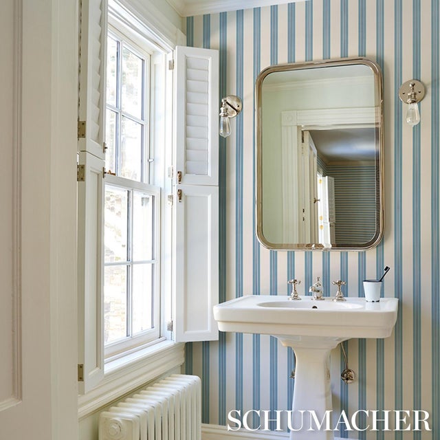 2020s Schumacher Chatham Stripe Wallcovering In Delft For Sale - Image 5 of 6