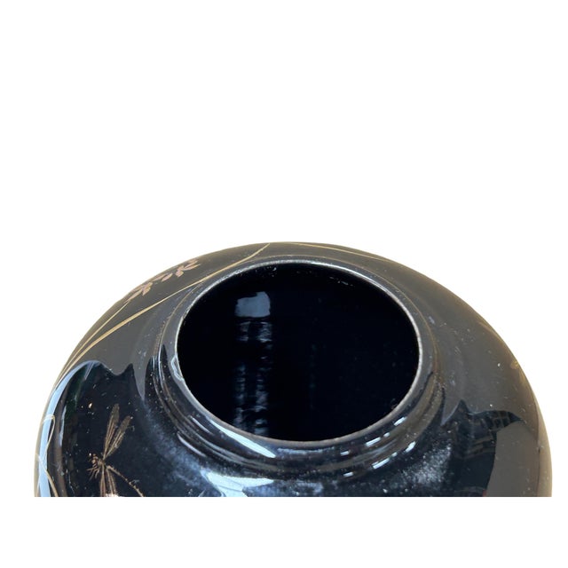 1980s Oriental Black Glaze Porcelain Small Round Jar Golden Flower Graphic For Sale - Image 5 of 5