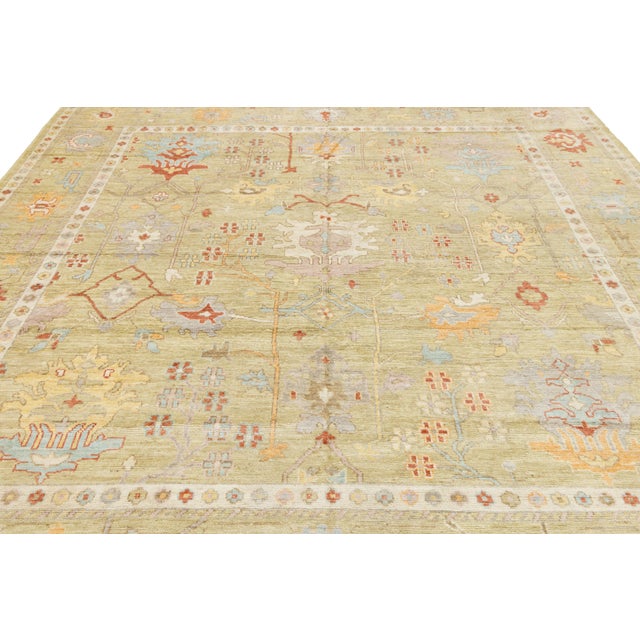 Serene Sage & Coral Modern Oushak Style Handmade Wool Rug 10x10 For Sale - Image 10 of 11