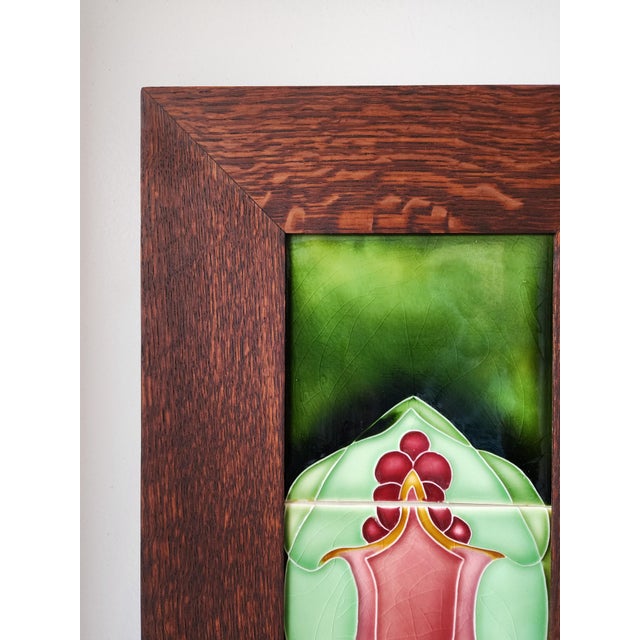 Vintage Art Nouveau Porteous Handmade Tile in Quartersawn Oak Frame by Dard Hunter Studios For Sale - Image 9 of 11