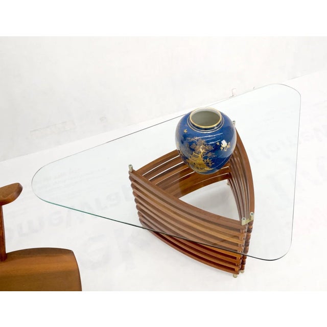 Wood Danish Mid-Century Modern Teak Slats Triangular Base Glass Top Coffee Table For Sale - Image 7 of 13