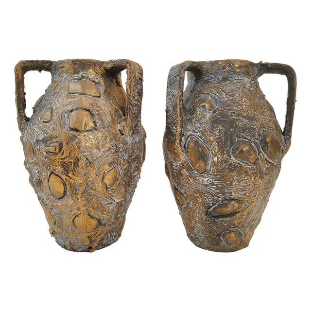 Vintage Gilded Moired Ceramic Vases, 1960s, Set of 2 For Sale