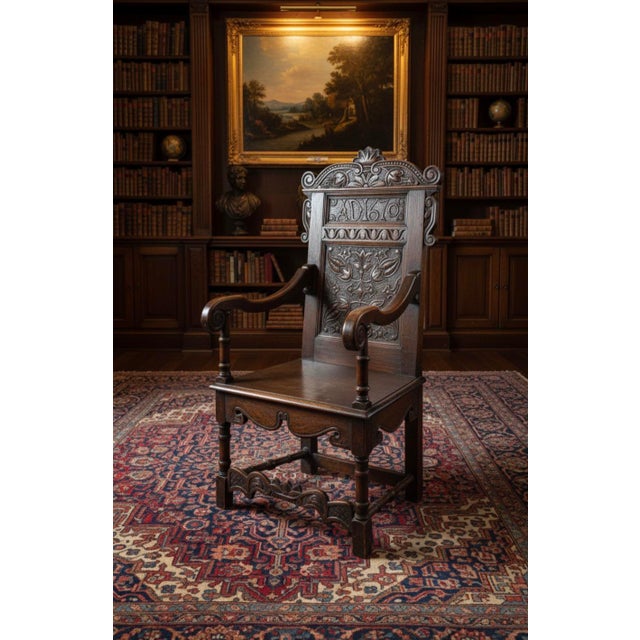 Rare Dated 1670 Museum-Quality 17th C. Charles II English Oak Yorkshire Wainscot Armchair For Sale - Image 13 of 13