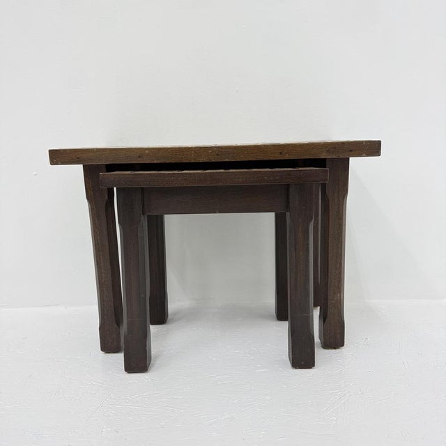 Vintage Brutalist Nesting Tables in Oak with Tile Top, 1970s, Set of 2 For Sale - Image 4 of 18