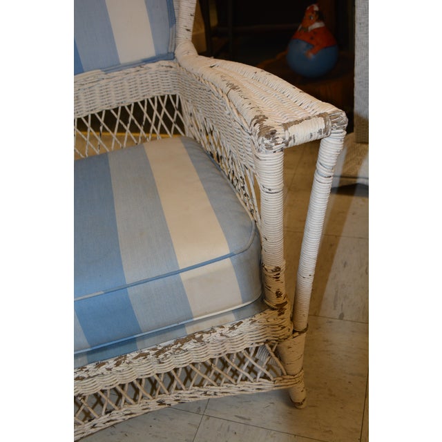 1970s Vintage White Wicker Wing Back Arm Chair W/ Blue Cushions & Coil Sprung Seat For Sale - Image 5 of 18