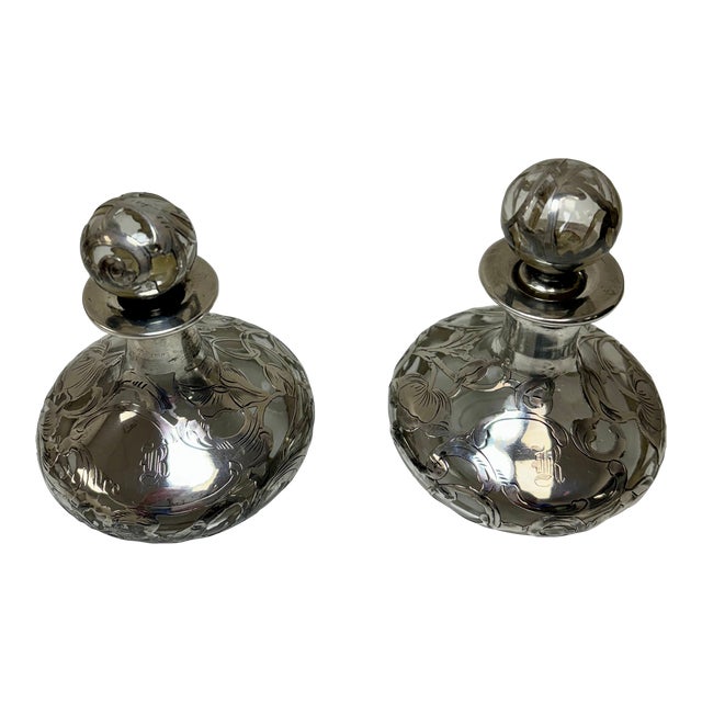 Late 20th Century Victorian Perfume Bottles With Sterling Silver Overlays - a Pair For Sale