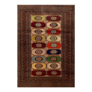 1980s Multicolor Geometric Vintage Persian Bukhara Rug 4' X 5'8'' Handknotted Wool Carpet