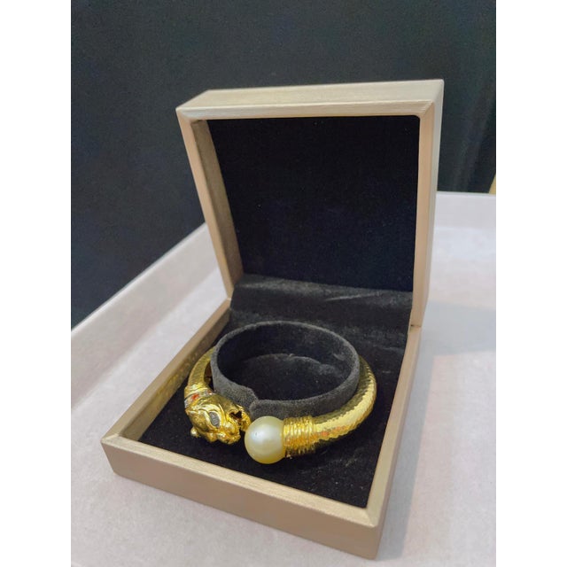 Bochic “Orient” Vintage Pearl & Sapphire Dragon Bangle Set In 18K Gold & Silver Dragon motif Vintage White Pearl Natural...