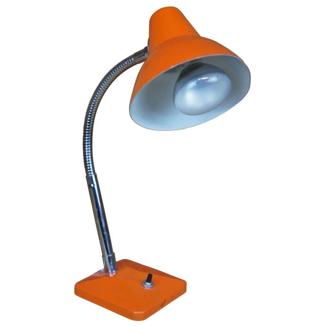 Mid century modern metal industrial gooseneck desk lamp in Bengals Orange. Good overall condition, bent shade, works.