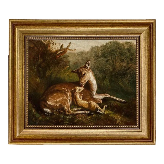 Doe and Fawn Framed 8x10" Oil Painting Print on Canvas For Sale