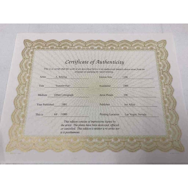 Bring a touch of nostalgic warmth to your collection with “Summer Fun” by A. Sehring, a charming 1991 lithograph...