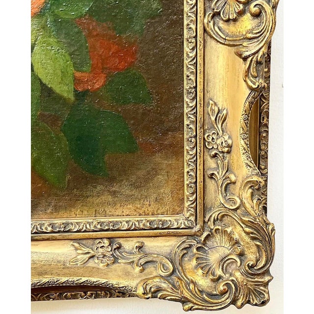 Shabby Chic Semi Antique Oil on Linen Board Floral Painting in Ornate Gold Frame For Sale - Image 3 of 9