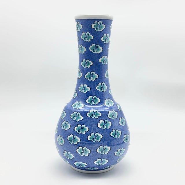 Handmade Ceramic Bud Vase (25cm) Deep Cobalt Blue with Floating Cloud Motifs – Elegant Bottle Neck Art Decor For Sale - Image 4 of 5