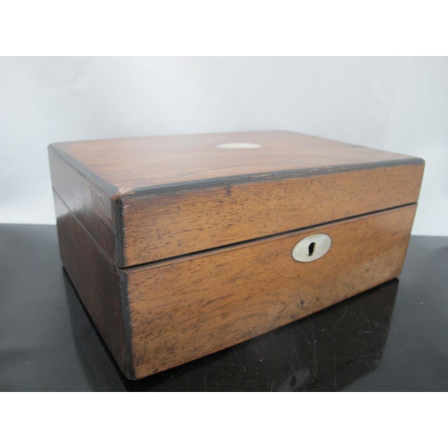 Wood Antique Victorian Era Wood & Mother of Pearl Inlaid Tea Caddy Trinket Box For Sale - Image 7 of 12