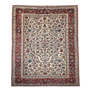 Vintage Oversized Persian Isfahan Rug, Hand-Knotted Wool, Allover Floral Pattern, Ivory & Red, 10x15 For Sale