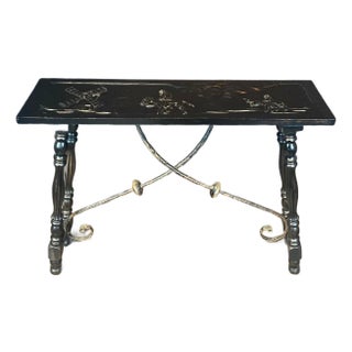 Ebony Spanish Console Table or Sofa Table With Carved Top and Iron Stretchers For Sale