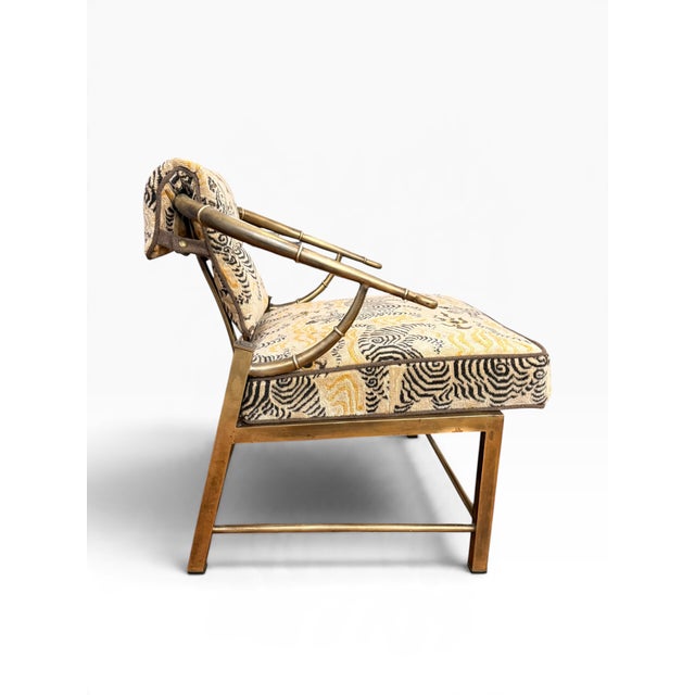 1960s Vintage Pair of Empress Brass Lounge Chairs Attributed to Mastercraft in Clarence House Tibet Fabric For Sale - Image 5 of 16