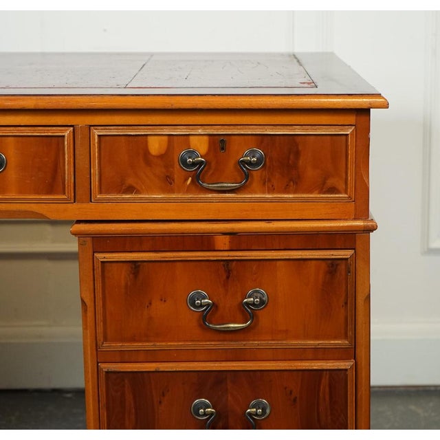 Gold Vintage Yew Twin Pedestal Desk with Burgundy Leather Top For Sale - Image 8 of 17