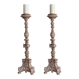 Pair of Monumental Distressed Carved Wood Pricket Floor Candlesticks, 36.5 Inches Tall For Sale